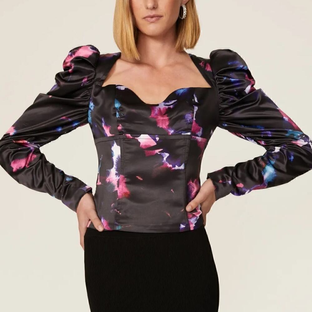 Badgley Mischka Bustier Top Printed Satin Sweetheart Neck Puff Sleeve Black 12